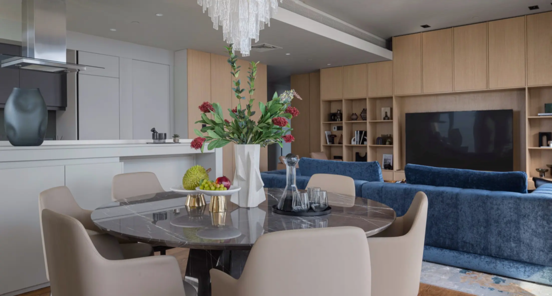 Dining area and living room